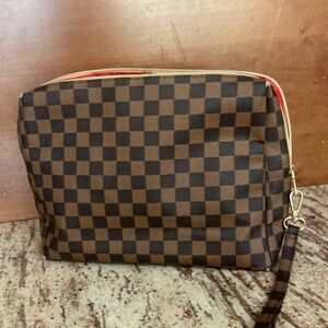 Designer Checkered Brown Wristlet Clutch